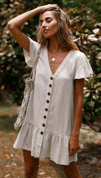 Beige Button Down Shift Linen Dress