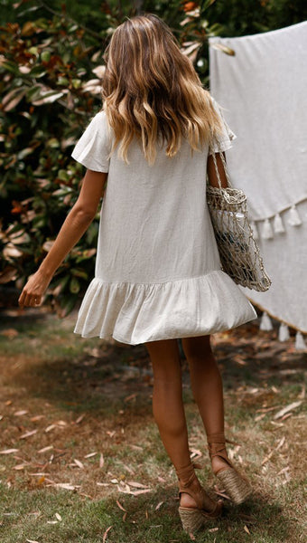 Beige Button Down Shift Linen Dress