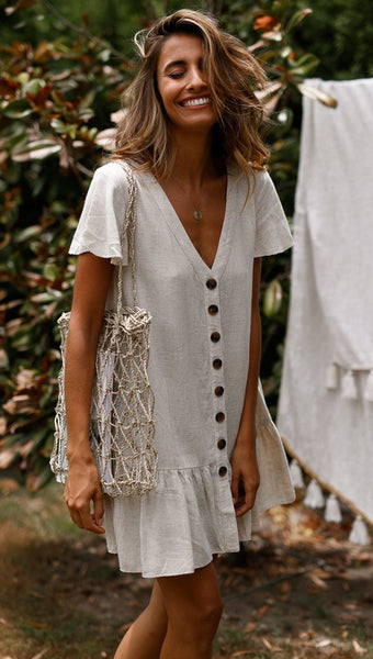 Beige Button Down Shift Linen Dress