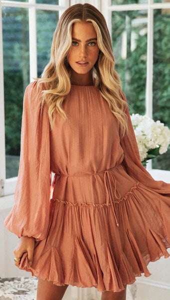 Coral Pink Linen Long Sleeve Dress