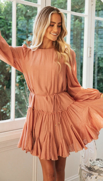 Coral Pink Linen Long Sleeve Dress