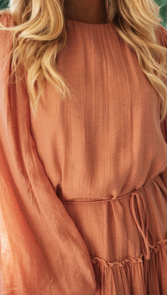 Coral Pink Linen Long Sleeve Dress