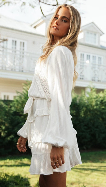 White Flounce Long Sleeve Dress
