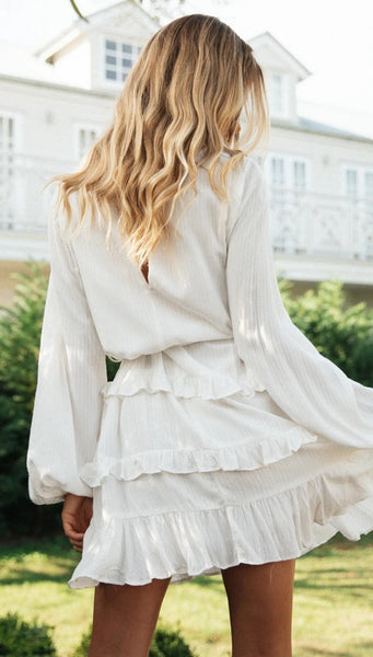 White Flounce Long Sleeve Dress
