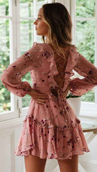 Pink Floral Lace Up Dress