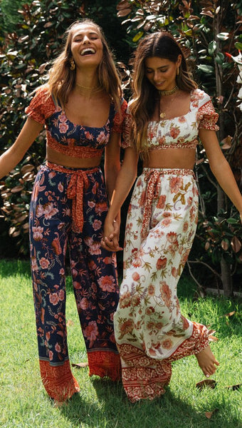 White Floral Crop Top and Pants Matching Sets