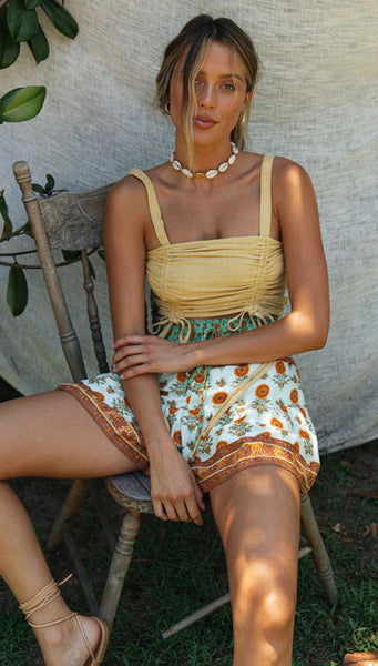 Yellow Crop Top and Floral Shorts Matching Sets