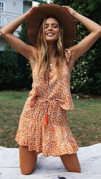 Orange Floral Tank and Skirt Matching Sets