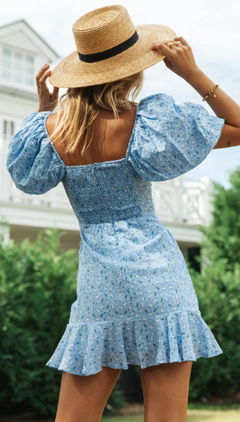 Baby Blue Blouson Sleeves Mini Dress