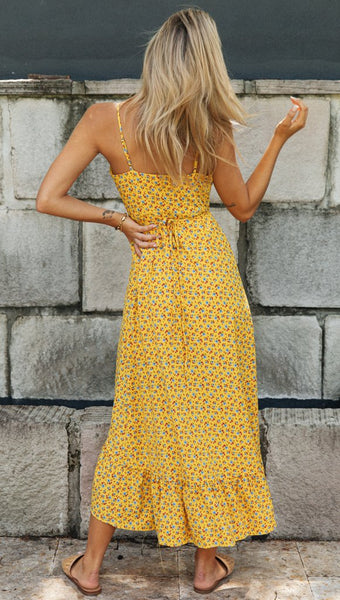 Yellow Floral Cami High Slit Dress