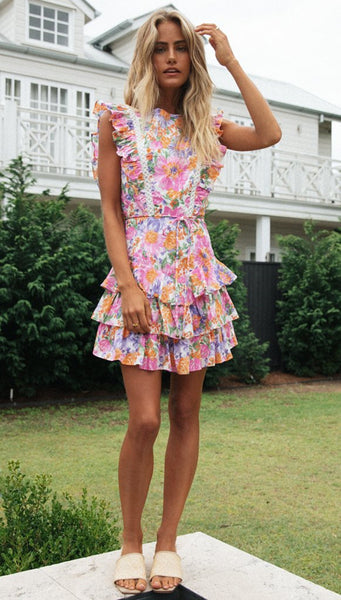 Hot Pink Floral Flounce Dress