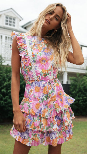 Hot Pink Floral Flounce Dress