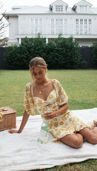 Yellow Floral Pom-Pom Flare Dress