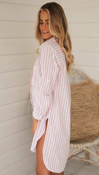 Pink Striped Button Down Side Slits Shirt