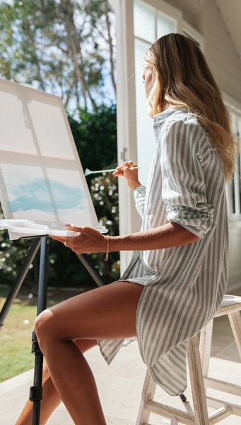 Grey Striped Button Down Side Slits Shirt