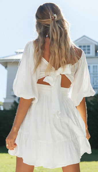 White Bowknot Blouson Sleeves Dress