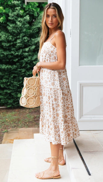 Khaki Floral Pleated Loose Slip Dress