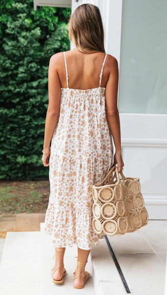 Khaki Floral Pleated Loose Slip Dress