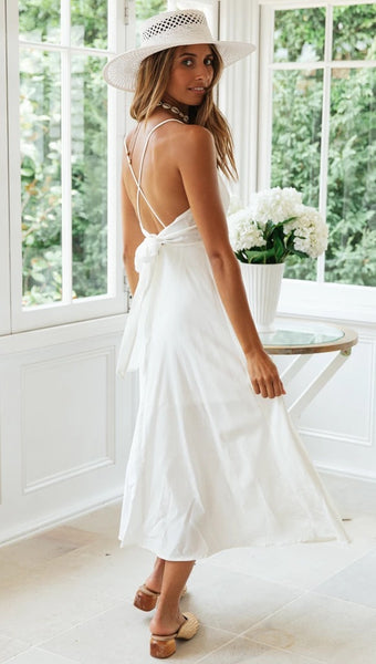 White Surplice Backless Bowknot Dress