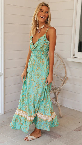 Aqua Floral Surplice Slip Dress