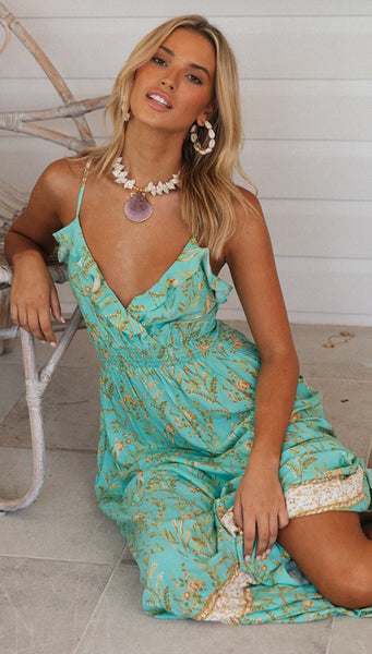 Aqua Floral Surplice Slip Dress