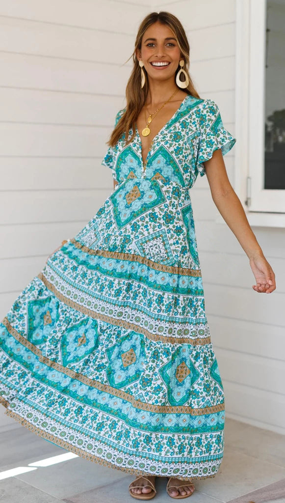 Teal Boho Floral V Neckline Dress