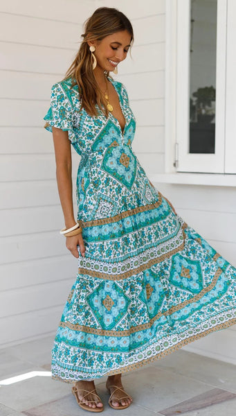 Teal Boho Floral V Neckline Dress