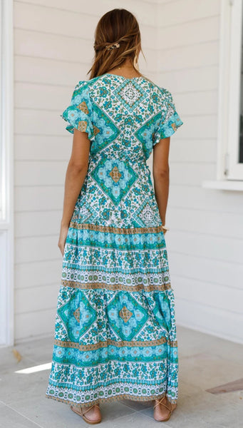 Teal Boho Floral V Neckline Dress
