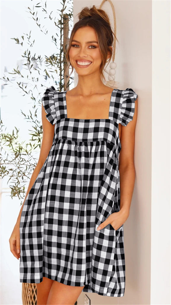 Black Plaid Babydoll Dress