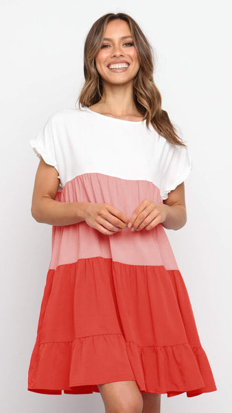 Red Color Block Babydoll Dress