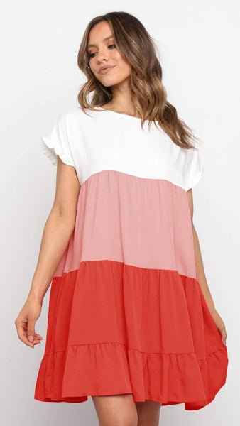 Red Color Block Babydoll Dress