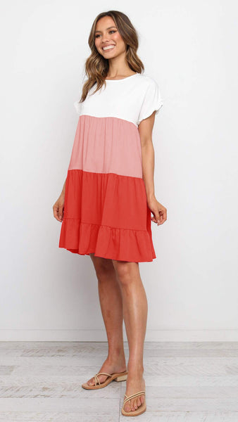 Red Color Block Babydoll Dress