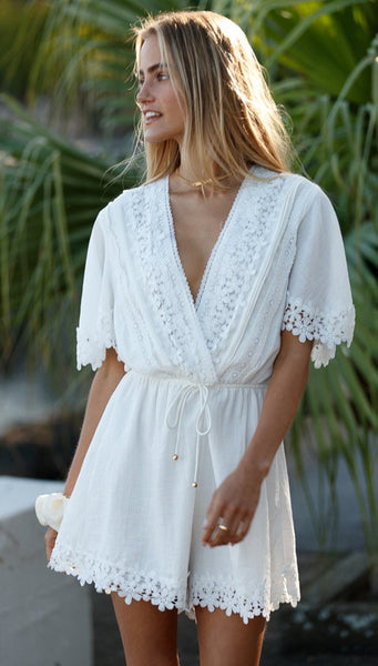 White Patched Lace Waist-Tie Rompers