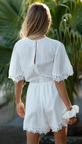 White Patched Lace Waist-Tie Rompers