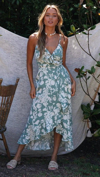 Green Foliage Silhouette Frill Slip Dress