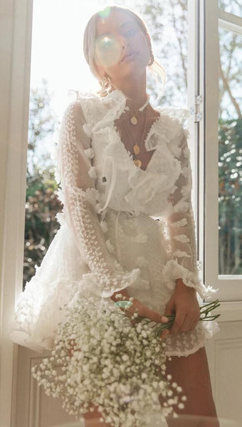 White Lace Sheer Sleeves Dress