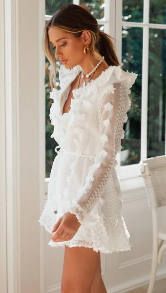 White Lace Sheer Sleeves Dress
