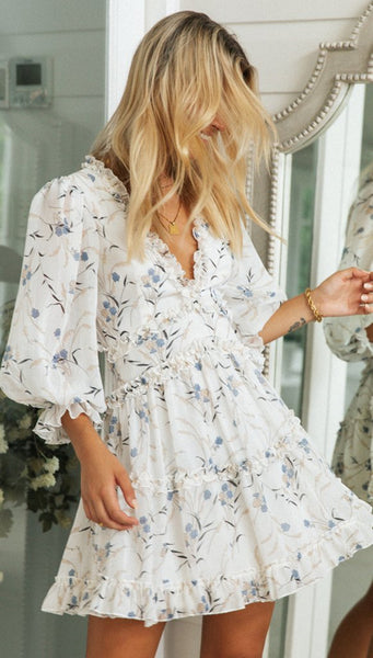 White Floral Plunging Long Sleeve Rompers