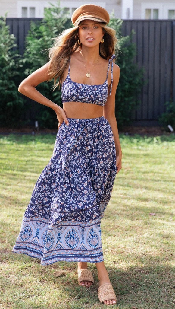 Navy Floral Cami Top and Skirt Matching Sets