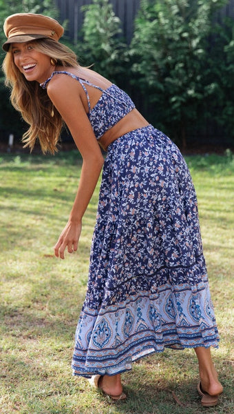 Navy Floral Cami Top and Skirt Matching Sets