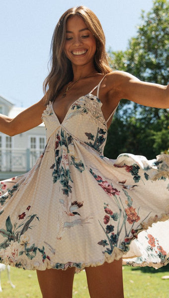 Beige Floral Frill Trim Mini Dress