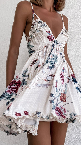 Beige Floral Frill Trim Mini Dress