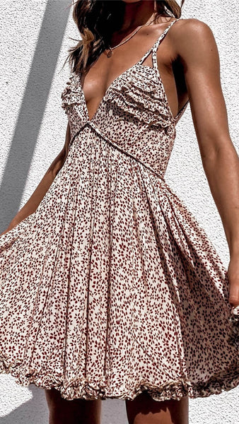 Beige Dot Print Frill Trim Mini Dress