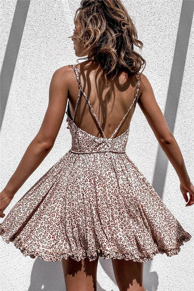 Beige Dot Print Frill Trim Mini Dress