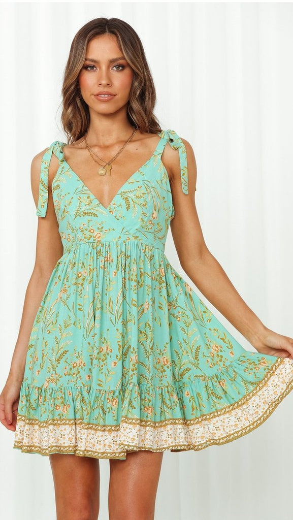 Mint Foliage Shoulder-Tie Backless Dress