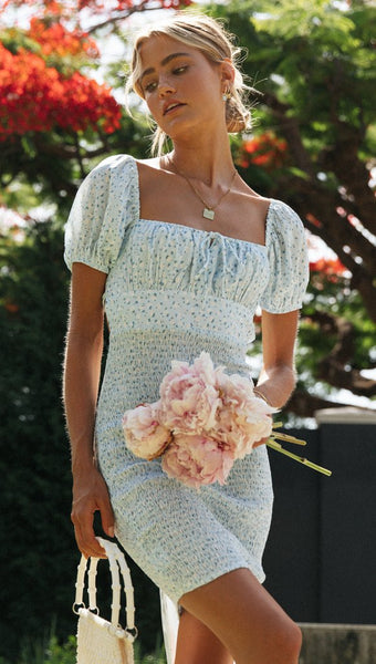 Dainty Blue Floral Smocked Bodycon Dress