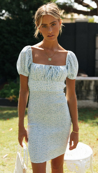 Dainty Blue Floral Smocked Bodycon Dress