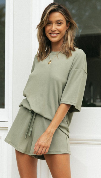 Olive Green Tee and Shorts Matching Sets