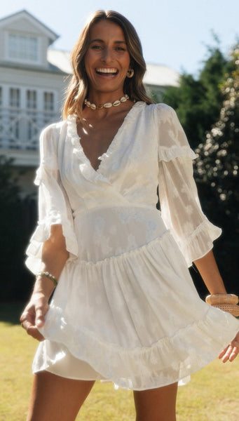 White Lace-Up Flare Sleeves Dress