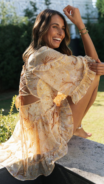 Yellow Floral Lace-Up Flare Sleeves Dress